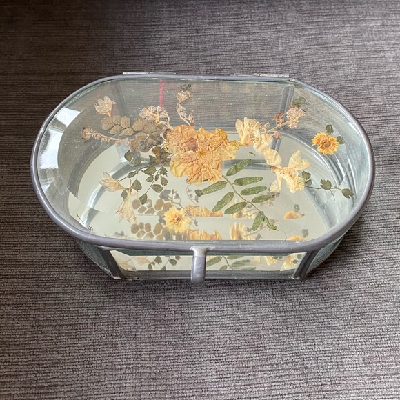 Vintage Pressed Flower Beveled Glass and Lead/Metal Jewelry Box